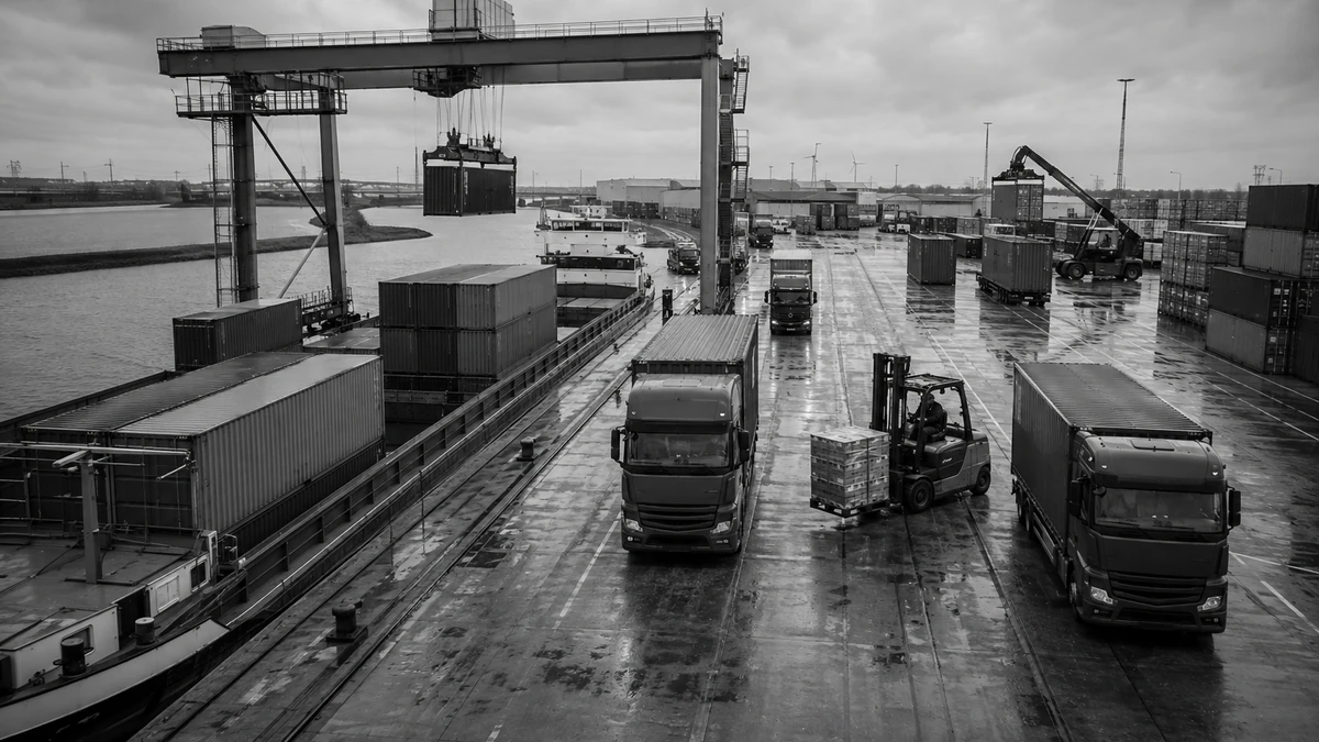 Multimodale containerterminal met binnenvaartschip, portaalkraan en vrachtwagens op een natte kade